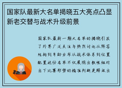 国家队最新大名单揭晓五大亮点凸显新老交替与战术升级前景 国家队最新大名单揭晓五大亮点凸显新老交替与战术升级前景