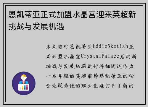 恩凯蒂亚正式加盟水晶宫迎来英超新挑战与发展机遇